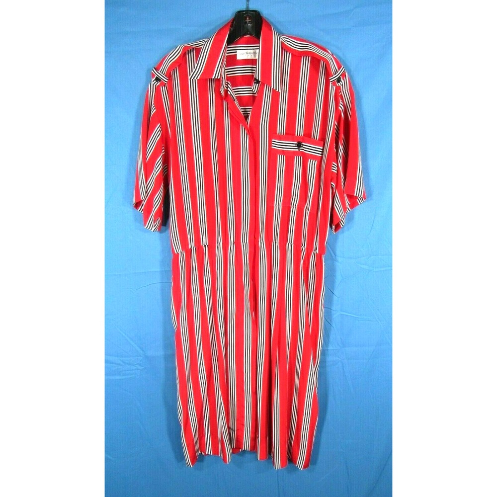 VTG LIZ CLAIBORNE Shirt Dress RED/BLACK/WHITE STRIPES Shift Slouch SILKY Midi 8
